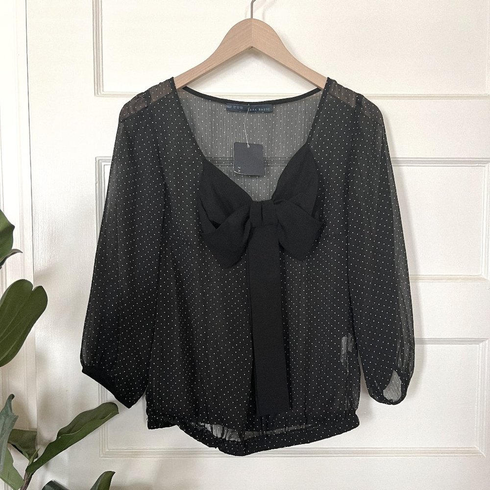 Zara Black and White Sheer Polka Dot Blouse with Bow Front Detail | XL